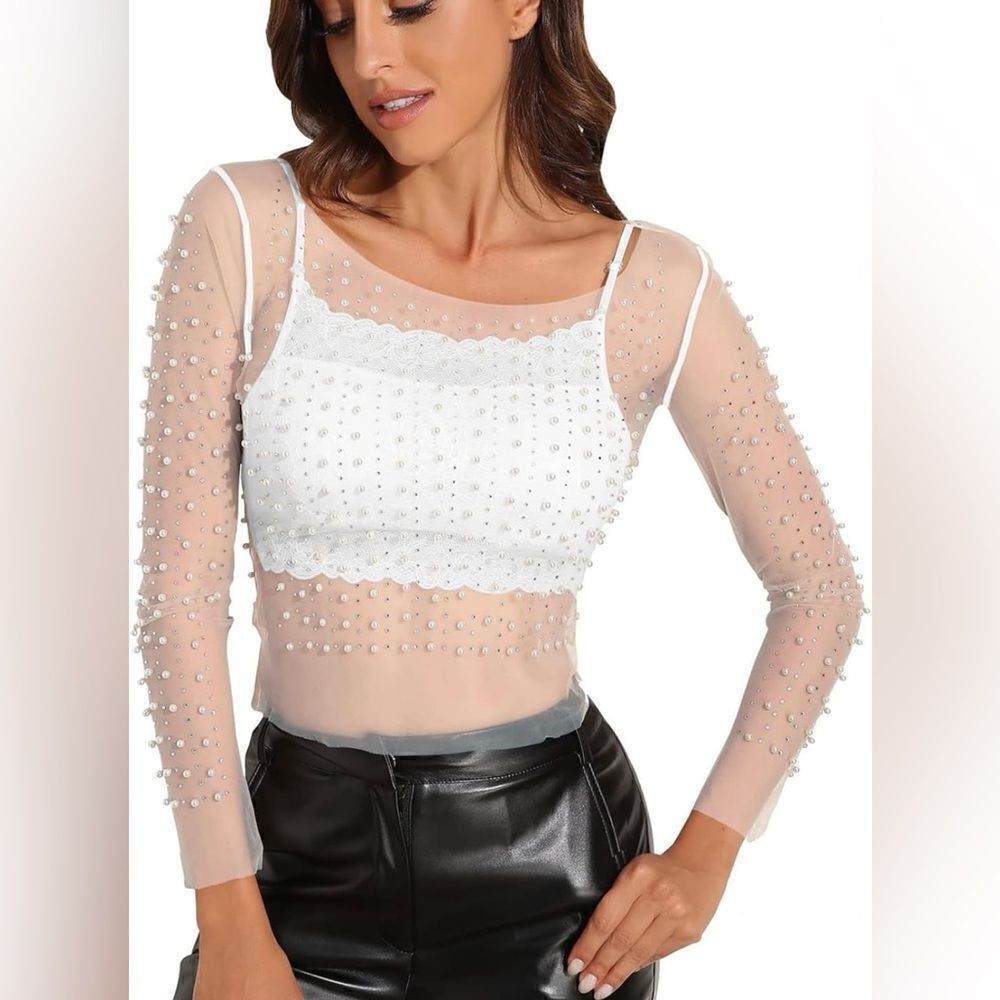 Pearl Rhinestone Long Sleeve Mesh Crop Top